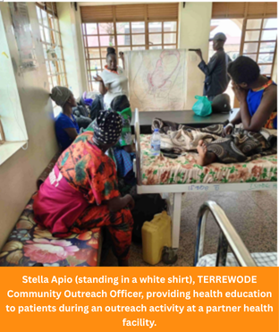 Stella Apio (standing in a white shirt), TERREWODE Community Outreach Officer, providing health education to patients during an outreach activity at a partner health facility. Stella Apio (standing in a white shirt), TERREWODE Community Outreach Officer, providing health education to patients during an outreach activity at a partner health facility.