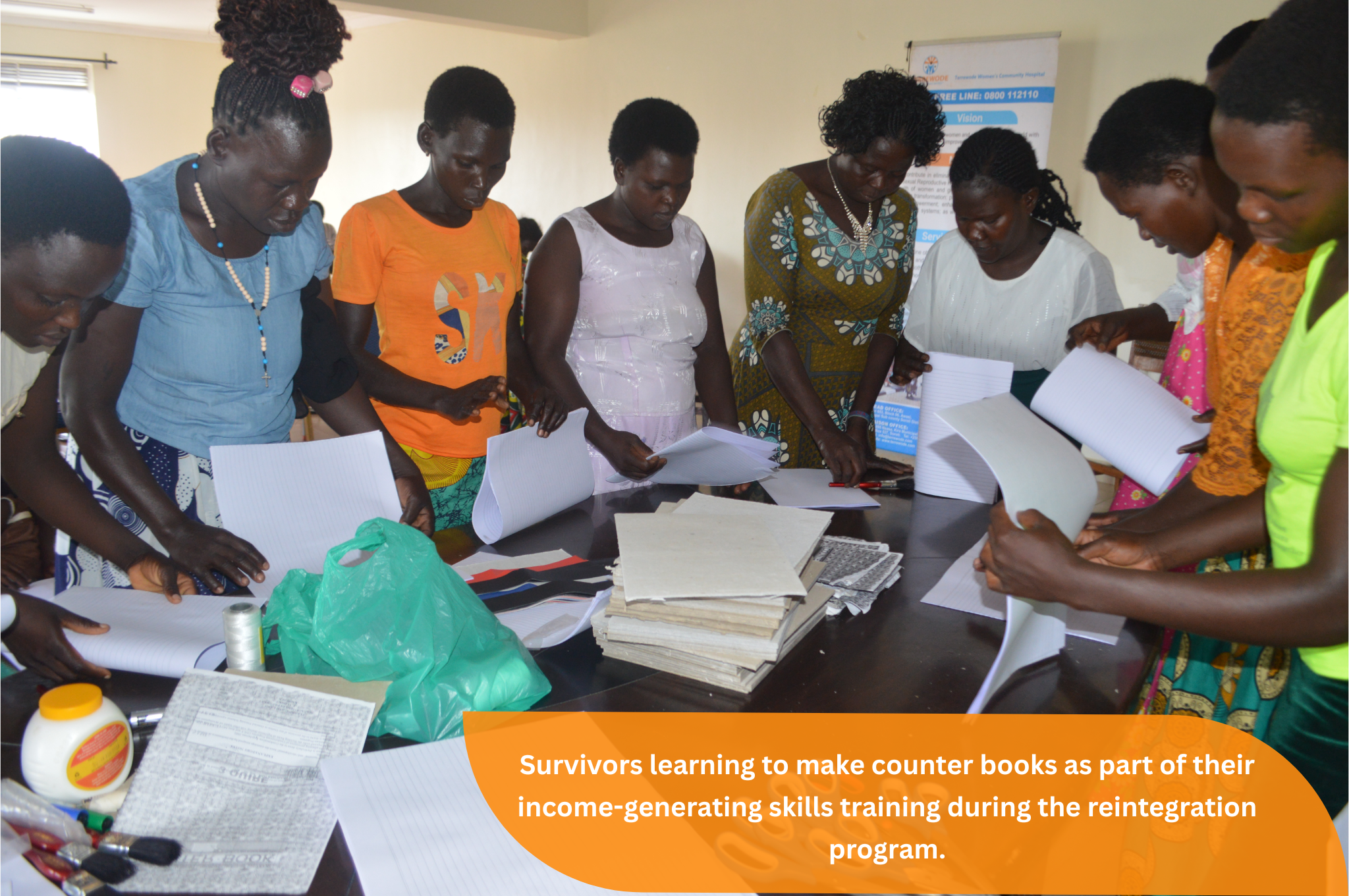 Survivors learning to make counter books as part of their income-generating skills training during the reintegration program. (1) Survivors learning to make counter books as part of their income-generating skills training during the reintegration program. (1)