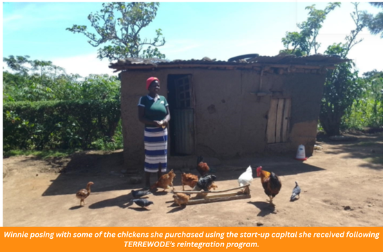 Winnie posing with some of the chickens she purchased using the start-up capital she received following TERREWODE’s reintegration program. (5) Winnie posing with some of the chickens she purchased using the start-up capital she received following TERREWODE’s reintegration program. (5)