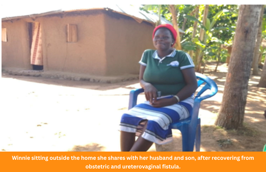 Winnie sitting outside the home she shares with her husband and son, after recovering from obstetric and ureterovaginal fistula. Winnie sitting outside the home she shares with her husband and son, after recovering from obstetric and ureterovaginal fistula.